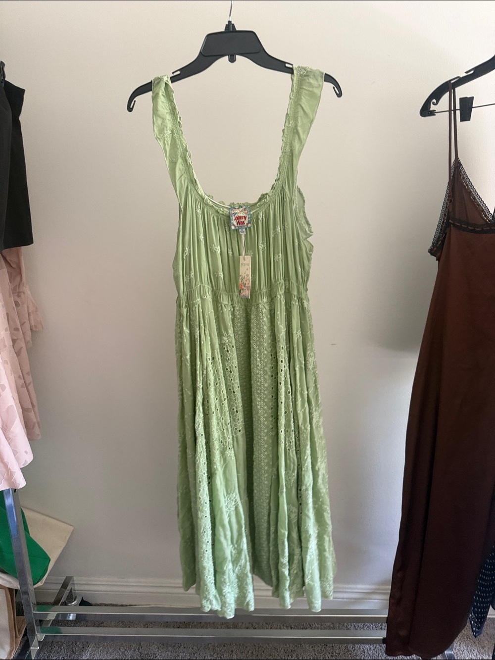 Johnny Was Light Pistachio Eyelet Tiered Maxi Dress